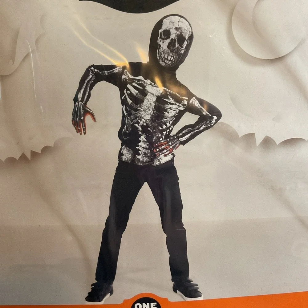 New Kids SKELETON Shirt/Mask Halloween Costume Blacklight Responsive OSFM